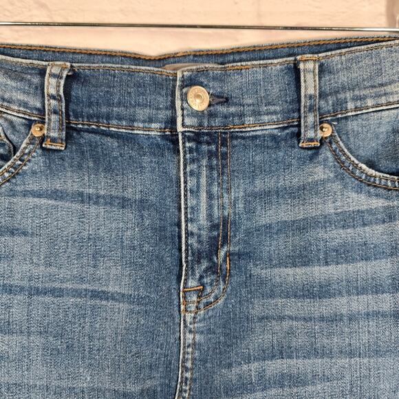 M Just USA Denim Distressed Blue Jean Skirt Womens Size L Frayed Stretch Mini - Picture 2 of 9